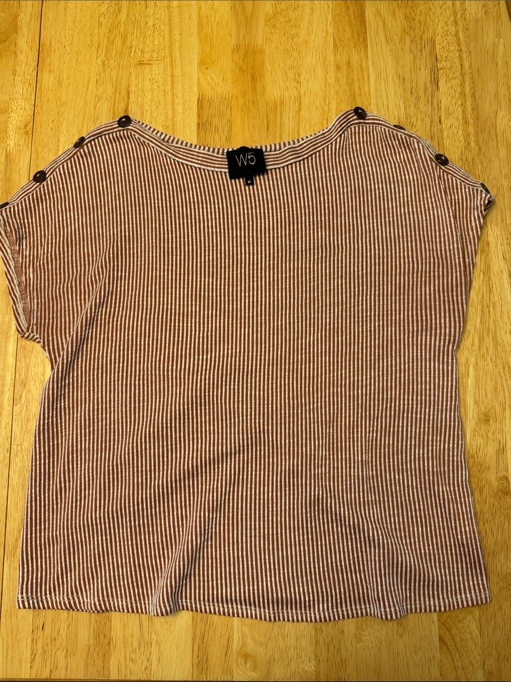 Anthro W5 Red and White Striped Button-Shoulder Short Sleeve Top